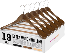HOUSE DAY 19'' Extra Wide Shoulder Wooden Hangers 6 Pack, Premium Large Wood Suit Hangers with Non Slip Pant Holder, Wide Shoulder Hangers for Suits, Coats, Jackets, Heavy Wide Clothes Hanger, Walnut
