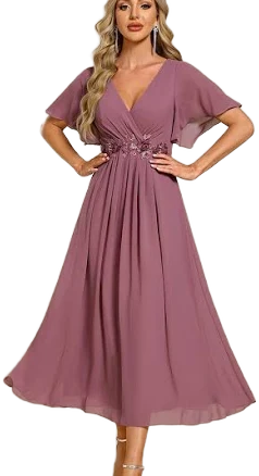 Floral Applique Short Sleeve Tea-Length Wedding Guest Dress
