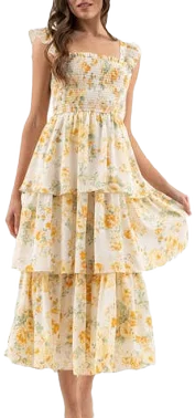 August Sky Women's Floral Tiered Ruffle Midi Dress