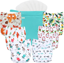 wegreeco Cloth Diapers 6 Pack with 6 Inserts & 1 Wet Bag, Washable Cloth Diapers for Babies, One Size Adjustable Reusable (Fruits, Animals) Fruits, Animals + 1 Wet Bag