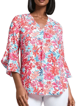 Jones New York Women's Floral V-Neck Flutter Sleeve Tunic Top
