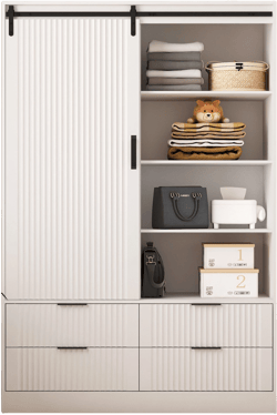 LOVMOR Modern Wardrobe Closet with Barn Door, 4 Drawers, 3 Open Shelves and Hanging Rail, Freestanding Wooden Armoire Clothes Storage Organizer, White