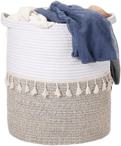 2 Pcs Boho Laundry Hamper 15.7" x 13.8" Blanket Basket with Handles Clothes Hampers Tall Woven Rope Storage Basket for Living Room Bathroom Bedroom(White, Brown)