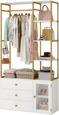 Closet System Organizer, 81.3” H Wardrobe Closet with 3 Wooden Drawers, Clothes Rack with Hanging Rods, 4 Tiers Shelves, Metal Frame, White and Gold