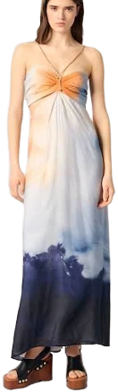 Maje Women's viscose Tie-dye maxi dress for Spring/Summer, size Medium, in color Blue tie and dye print /