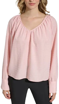 Calvin Klein Women's V Neck Bishop Sleeve Blouse