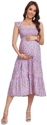 Square Neck Sleeveless Smocked Ruffle Sleeve Maternity Dress
