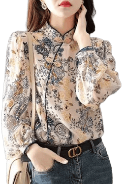 Jeonseon Long-Sleeve Print Qipao Top