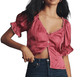 Anthropologie Puff-Sleeve Ruffle Buttondown Top