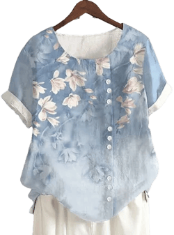LightInTheBox Women's Casual Linen-Inspired Floral Short Sleeve Shirt