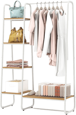 Tangkula Clothes Rack with Shelves, Free-Standing Metal Garment Clothing Rack with Hanging Rod 5 Wooden Shelves Adjustable Foot Pads Natural+White