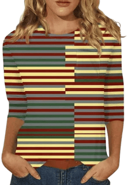 Women's Casual Crew Neck Short Sleeve Striped T-Shirt with Pocket