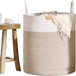 80L Laundry Hamper Basket,Baby Nursery Woven Storage Basket for Toys Bin,Pillows,Blankets,Clothes,Brown&White