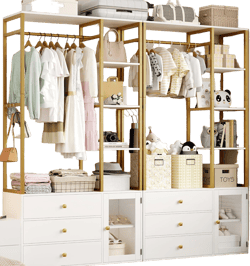 2pcs Closet Organizer System, Wardrobe Closet with 3 Wooden Drawers, Clothes Rack with Hanging Rods and 4 Tiers Shelves, Garment Rack with Metal Frame, White and Gold