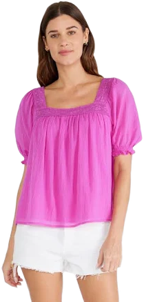 LOVESTITCH Women's Lace Trim Puff Sleeve Blouse