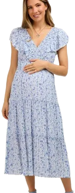 Pinkblush Blue Floral Front Ruched Ruffle Shoulder Tiered Maternity Midi Dress