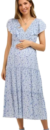 Pinkblush Blue Floral Front Ruched Ruffle Shoulder Tiered Maternity Midi Dress