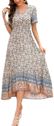 Women's Floral Print Short Sleeve V-Neck Midi Dress