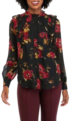 Floral Printed Ruffle Neck Blouse
