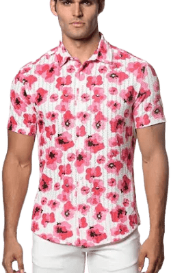 St33le Floral Printed Open Knit Stretch Short Sleeve Shirt
