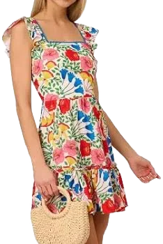 Adrianna Papell Dresses | Adrianna By Adrianna Papell Women's Floral-Print Flutter-Sleeve Mini Dress Sz 6 | Color: Green/White | Size: 6 |