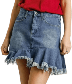 Denim Skirt with Frayed Hem and Flounce
