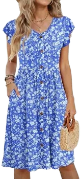 Fantaslook Women Summer Dresses V Neck Ruffle Sleeve Casual Flowy Sundresses Button Floral Midi Dress with Pockets