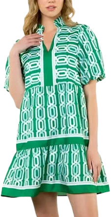 Women's Abstract V-Neck Puff Short Sleeve Mini Dress