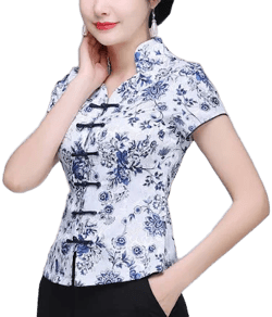 imallure Blue White Floral Buttons Qipao Cheongsam Blouse Top