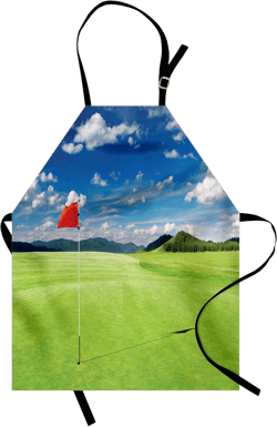 Lunarable Sports Apron, Golf Field Flag in the Hole Clouds Sky Summertime Golfing Landscape, Unisex Kitchen Bib with Adjustable Neck for Cooking Gardening, Adult Size, Lime Green
