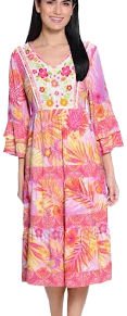 John Mark Pink Tropical Print Embroidered Neck Line Ruffle Sleeve Dress