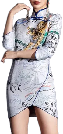 Tiger Mid Length Sleeve Jacquard Qipao Cheongsam Dress
