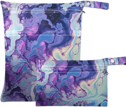 Blue Purple Ink Texture Wet Dry Bag for Baby Cloth Diaper Waterproof Reusable Travel Wet Bag with Two Zippered Pockets for Swimsuits, 2 Pcs