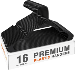 HOUSE DAY Plastic Hangers 16 Pack - Adult Clothes Hangers Black - Space Saving, Non-Slip, Durable & Sturdy Hanger with Shoulder Grooves for Closet, Perfect Slim Coat Hanger - Ganchos para Colgar Ropa