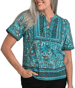 Split Neck Short Sleeve Border Print Blouse