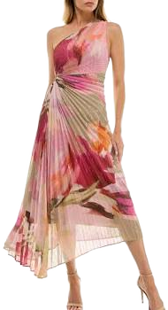 Socialite Women's One-Shoulder Pleated Floral Metallic Stripe Dress
