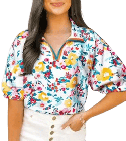 Amaryllis Women's Relaxed Fit Floral Print Short Sleeve Blouse