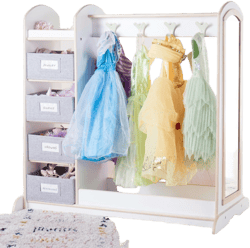 Guidecraft EdQ Dress Up Storage with Bins - White: Wooden Kids' Armoire Dresser for Costumes and Clothes Rack with Shelves and Mirror