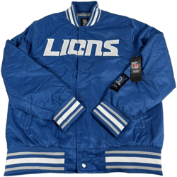 Detroit Lions Embroidered Blue Satin Snap Varsity Bomber Jacket