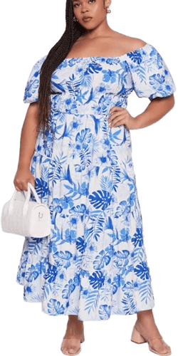 Women's Plus Size Off Shoulder Tiered Maxi Dress with Puff Sleeves
