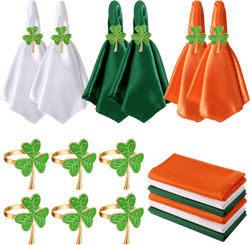 12 Pcs St. Patrick's Day Napkin Rings Set- St. Patrick's Day Cloth Napkins Ring Holders- Reusable Napkins Cloth and Metal Shamrock Napkin Rings for Saint Patrick's Day Irish Party Decoration