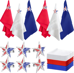 12 Pcs Patriotic Napkin Rings with Cloth Napkins 4th of July Napkin Ring Holder Red White Blue Star Napkin Buckle for Independence Day Memorial Day Party Dining Table Decor 2.28 INCH