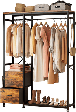 Lulive Clothes Rack, Heavy Duty Garment Rack for Hanging Clothes, Industrial Clothing Racks with Shelves, 2 Fabric Drawers, 4 Hooks, 2 Hanging Rods, Freestanding Closet Organizer, Rustic Brown