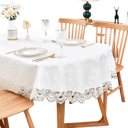 Elegant White Lace Jacquard Oval Tablecloth Tabletop Decoration Cover for Oval Tables Home Decoration 60 x 84 Inch 84" x 60" (Oval)
