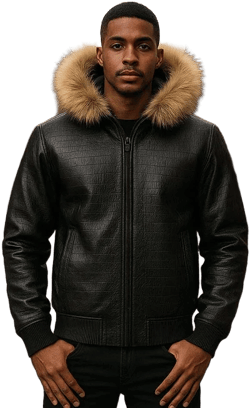 Men's Croc-Pattern Leather Jacket with Fur Hood