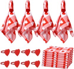 Patelai 8 Sets Valentine's Day Cloth Napkins with Red Heart Rings Set Reusable Cotton Fabric Love Cocktail Napkins Metal Heart Shape Rings Holders for Valentine's Day Wedding Dinner(Stylish)