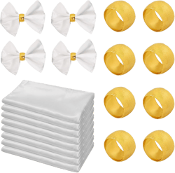 Gold Napkin Rings Plus Satin Cloth Napkins Set of 16, 17 x 17 inches Smooth Fabric Napkins with Circle Metal Napkin Holders for Wedding Birthday Banquet Parties Table Decoration (White)
