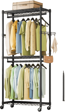 SONGMICS Garment Rack, Heavy-Duty Rolling Clothes Rack, Portable Closet Rack, 29.5-Inch Wide Clothing Rack on Wheels, Ink Black