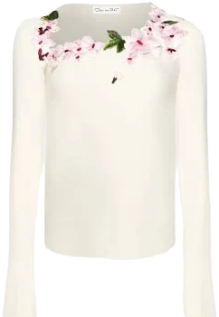 Oscar de la Renta Cherry Blossom Embroidered Blouse