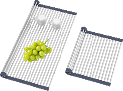 BBXTYLY Extra Large Expandable Roll Up Dish Drying Rack,Over The Sink Drying Rack Sink Cover Kitchen Sink Accessories Kitchen Rolling up Stainless Steel Drainer, Foldable,Rollable(Grey,22.8''-17'') Gray(large Expandable Wides Size)